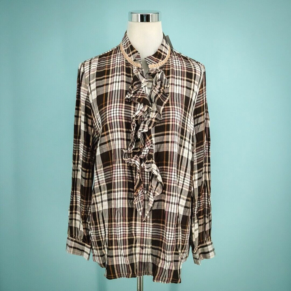 Chico's 2 Size Large L Brown Plaid Print Ruffle Neck Button Long Sleeve Top NEW